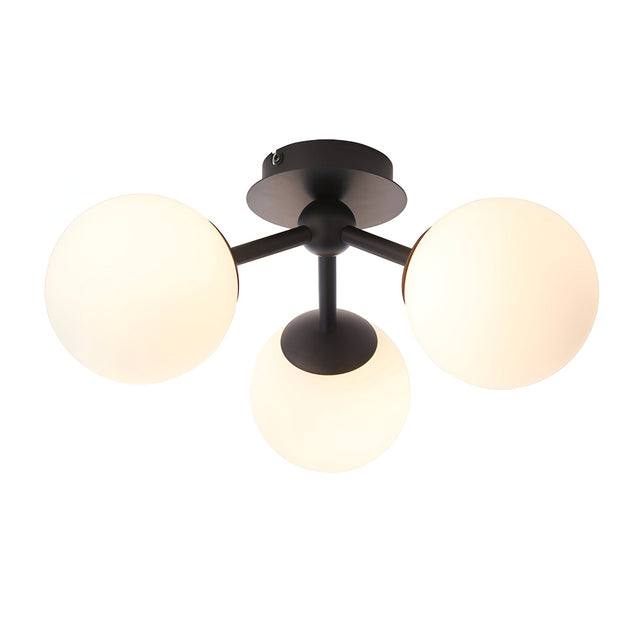 Endon Marden 3 light semi-flush bathroom ceiling light with three opal glass globes on matt black arms and round ceiling plate.
