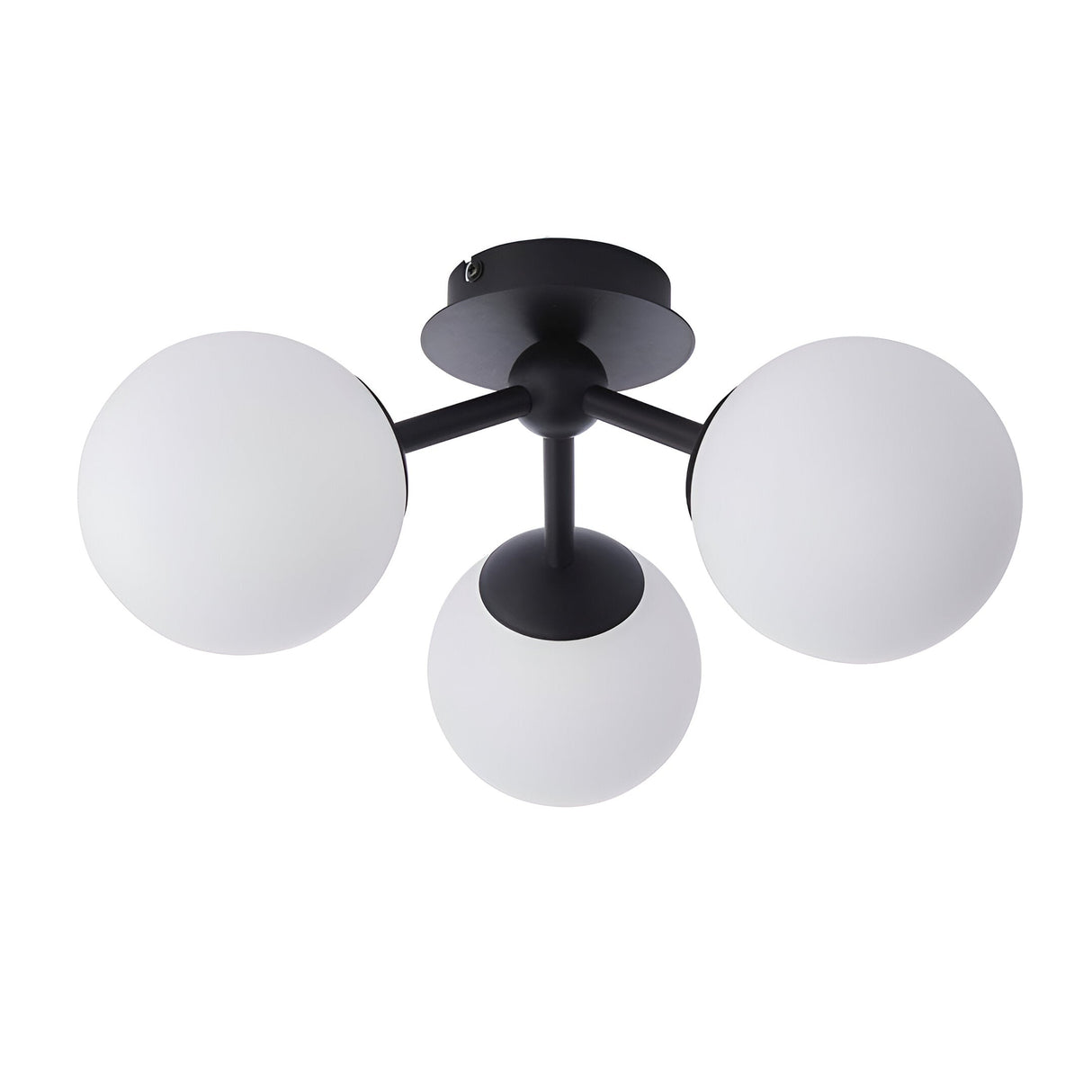Endon Marden 3-light semi-flush bathroom ceiling light in matt black with three white opal glass globes on angled arms, shown on a white background.