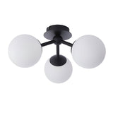 Endon Marden 3-light semi-flush bathroom ceiling light in matt black with three white opal glass globes on angled arms, shown on a white background.