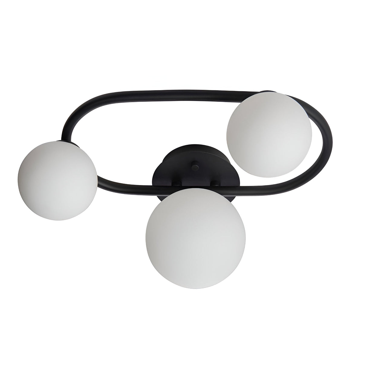 Endon Marden 3 light semi-flush bathroom ceiling light with three white glass globe shades on a matt black oval steel frame, on a white background.