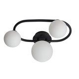 Endon Marden 3 light semi-flush bathroom ceiling light with three white glass globe shades on a matt black oval steel frame, on a white background.