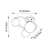 Dimensioned line drawing of the Endon Marden 3 Light Oval Semi-Flush Bathroom Ceiling Light showing 35.9cm width, 17.5cm height and 25.2cm depth.