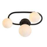 Endon Marden 3 light semi-flush bathroom ceiling light with three opal glass globes on a matt black oval steel frame, shown on a white background.
