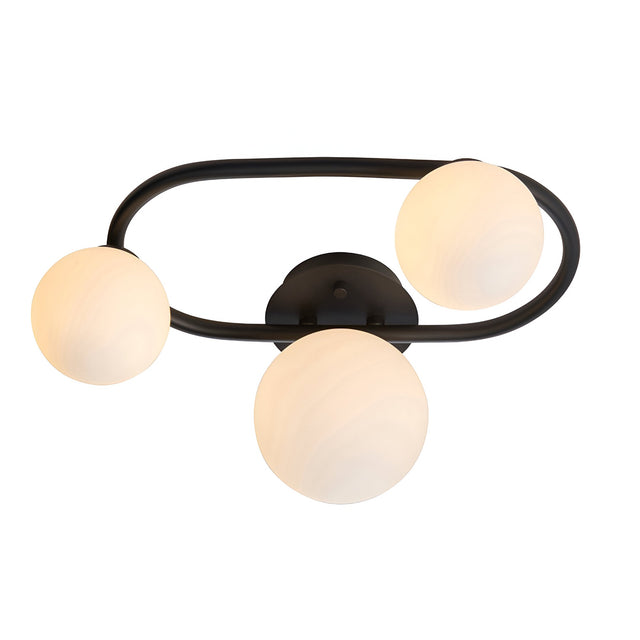 Endon Marden 3 light semi-flush bathroom ceiling light with three opal glass globes on a matt black oval steel frame, shown on a white background.