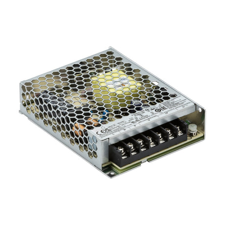 The 24V 100W DC Driver - Constant Voltage is a metal-cased electronic power supply module featuring a honeycomb ventilation design, multiple electrical connectors, and visible internal components. It provides an adjustable 100W output, includes certification marks and specifications printed on the surface, and offers short circuit protection.
