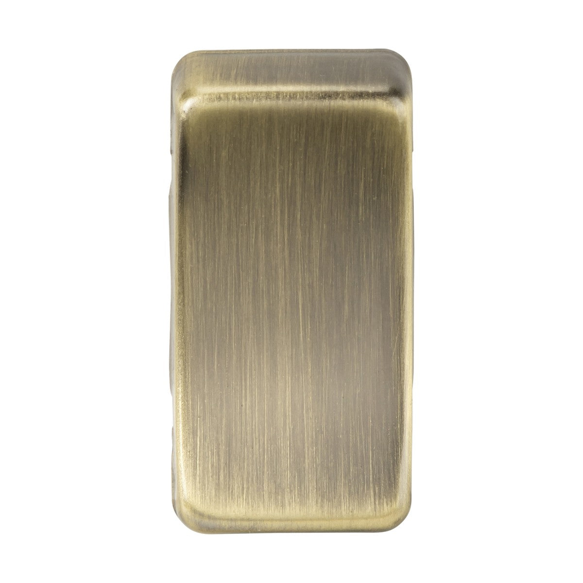 The Switch Cover - Antique Brass showcases a classic design with a rectangular shape and a brushed texture. Its smooth finish is enhanced by slightly rounded edges, adding an elegant touch to its appearance.