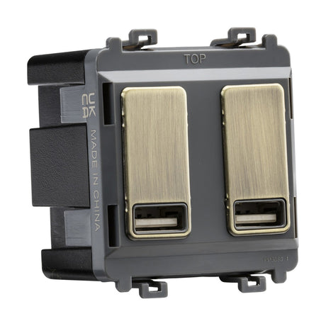 Dual USB charger module (2 x grid positions) 5V 2.4A (shared) - antique brass