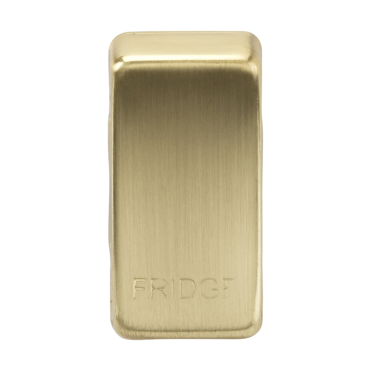 A rectangular fridge door handle, known as the "Switch Cover 'Marked FRIDGE'," is crafted in brushed brass with a metallic gold finish. The word FRIDGE is engraved near the bottom, and it features a minimalist and modern design made from ABS construction.