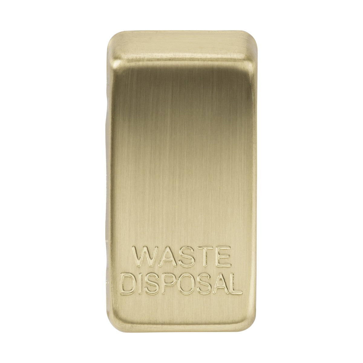 Introducing the Switch Cover "Marked WASTE DISPOSAL" in Brushed Brass, showcasing a brushed metallic finish and a sleek rectangular design with smooth, rounded edges, embodying impeccable craftsmanship that rivals high-quality ABS construction.