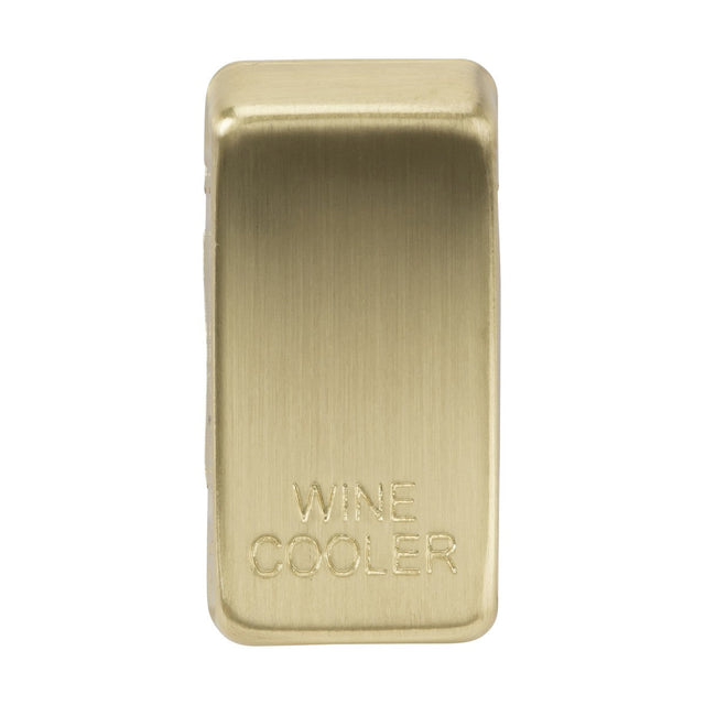 A brushed brass switch cover, designed in a rectangular shape with smooth edges, crafted with durable ABS construction, prominently displays the words "Marked WINE COOLER" on the front.