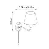 Endon Bevton bathroom wall light dimension diagram showing 25cm height, 24cm depth and 15cm width, with curved arm, tapered shade and pull cord.