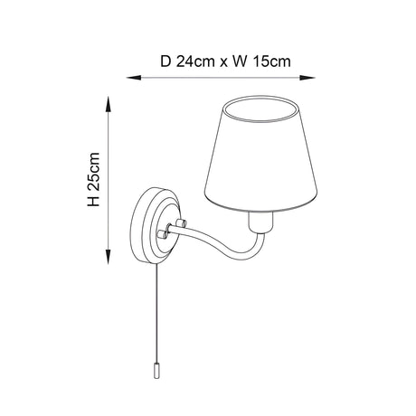 Endon Bevton bathroom wall light dimension diagram showing 25cm height, 24cm depth and 15cm width, with curved arm, tapered shade and pull cord.