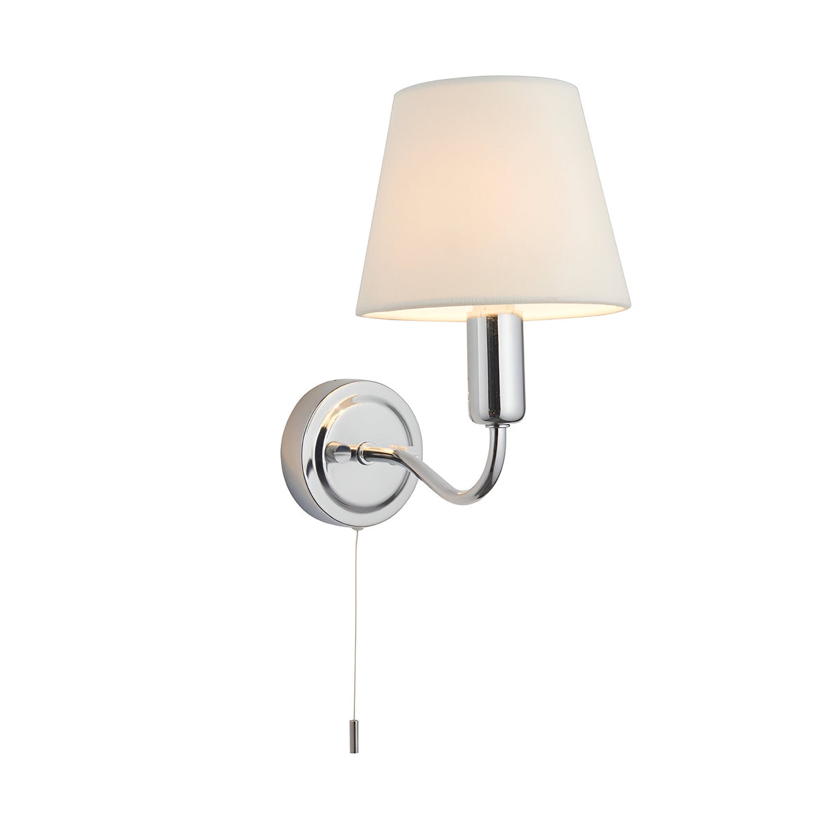 Endon Bevton bathroom wall light with chrome curved arm, ivory fabric tapered shade, and pull cord switch, IP44 rated, on a plain white background.