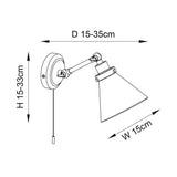 Dimension diagram of the Endon Brackwood bathroom wall light showing adjustable height 15-33cm, projection 15-35cm, and shade width 15cm on white.