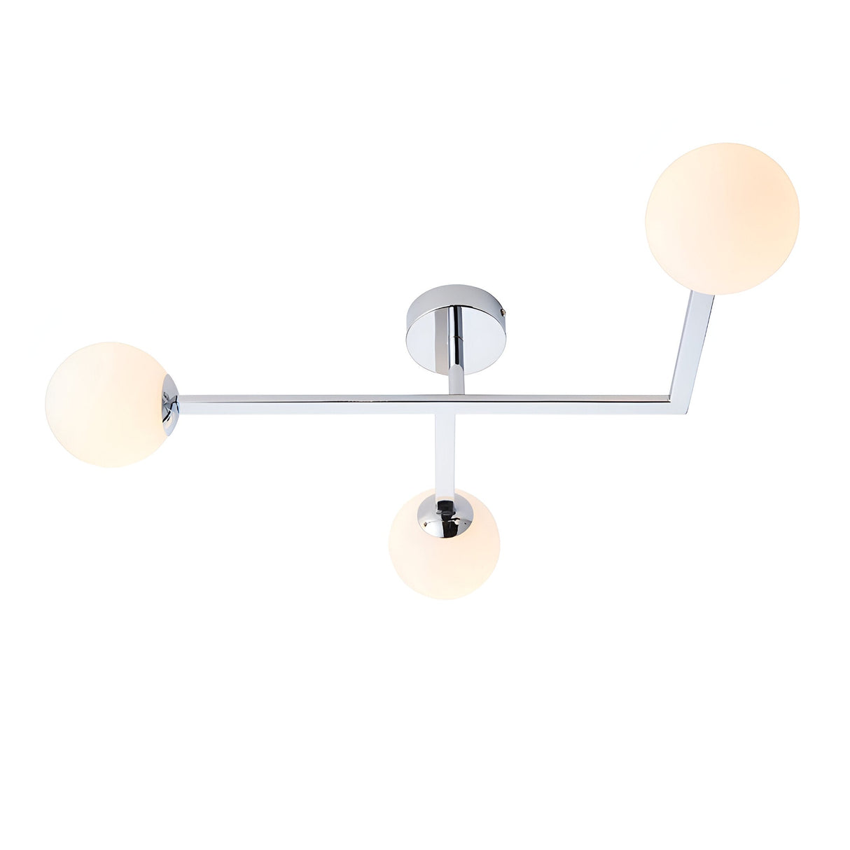 Kelham 3 Light Semi-Flush Bathroom Ceiling Light in chrome, with angled arms holding three round opal glass globe shades, on a plain white background.
