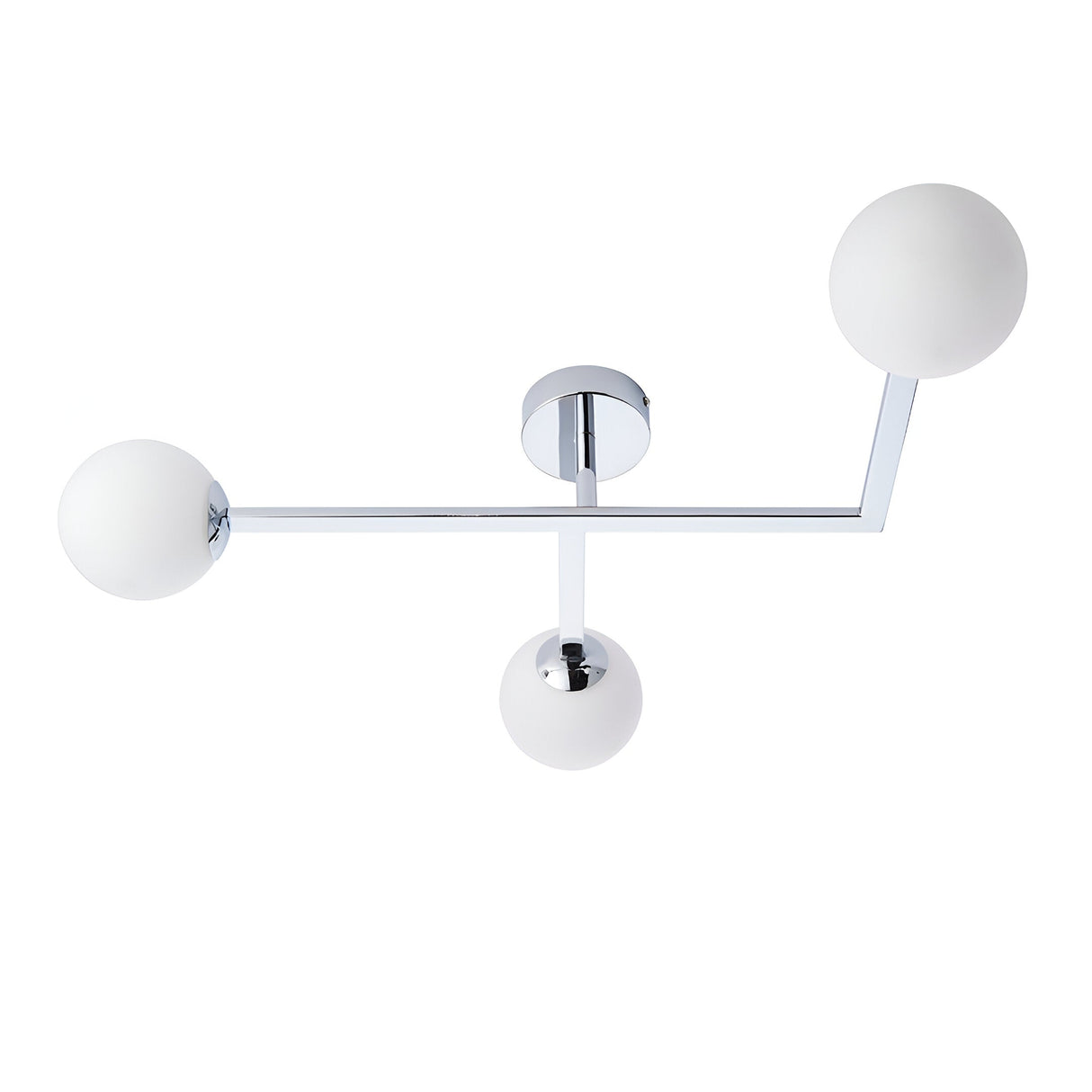 Kelham 3 Light Semi-Flush Bathroom Ceiling Light in chrome, with angular arms and three round opal glass globe shades, shown on a white background.