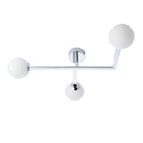 Kelham 3 Light Semi-Flush Bathroom Ceiling Light in chrome, with angular arms and three round opal glass globe shades, shown on a white background.