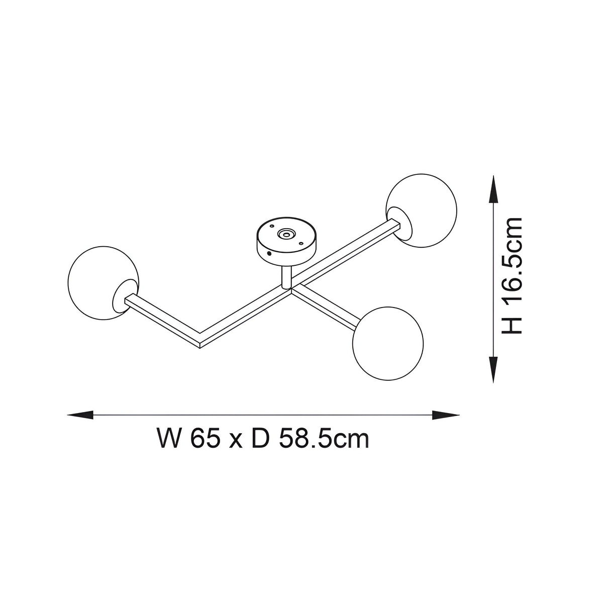 Line drawing of the Kelham 3-Light Semi-Flush Bathroom Ceiling Light in chrome with angled arms, round glass shades, W65 x D58.5 x H16.5cm.