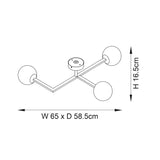 Line drawing of the Kelham 3-Light Semi-Flush Bathroom Ceiling Light in chrome with angled arms, round glass shades, W65 x D58.5 x H16.5cm.