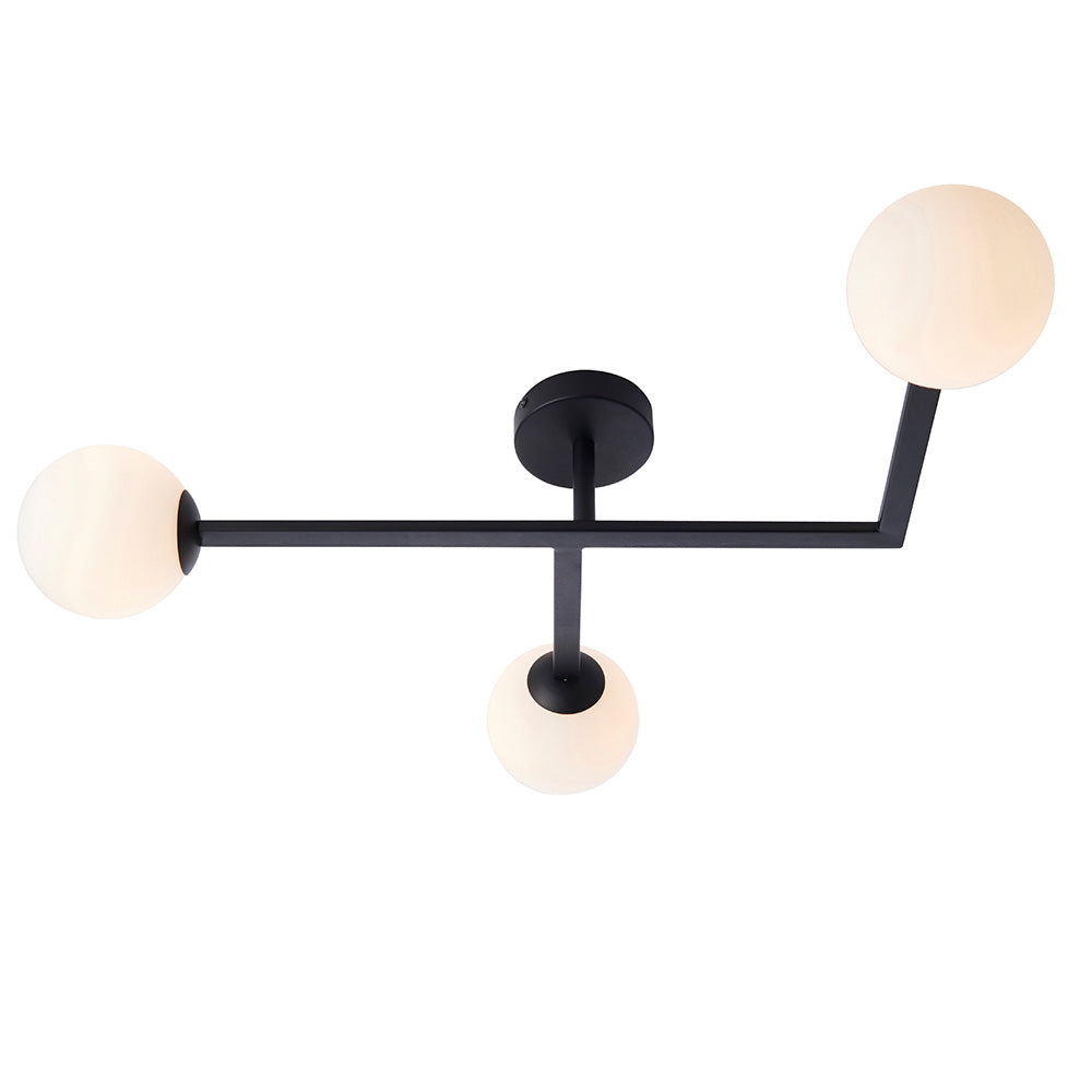 Endon Kelham 3 light semi-flush bathroom ceiling light in black with three white glass globe shades on angled arms, shown on a plain background.