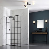 Endon Kelham 3 light semi-flush bathroom ceiling light in black with three white glass globes on angled arms, mounted in a modern bathroom.
