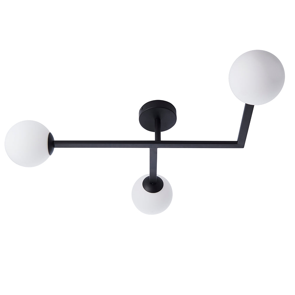 Endon Kelham 3 light semi-flush bathroom ceiling light in black with three white glass globe shades on angled arms, shown on a white background.