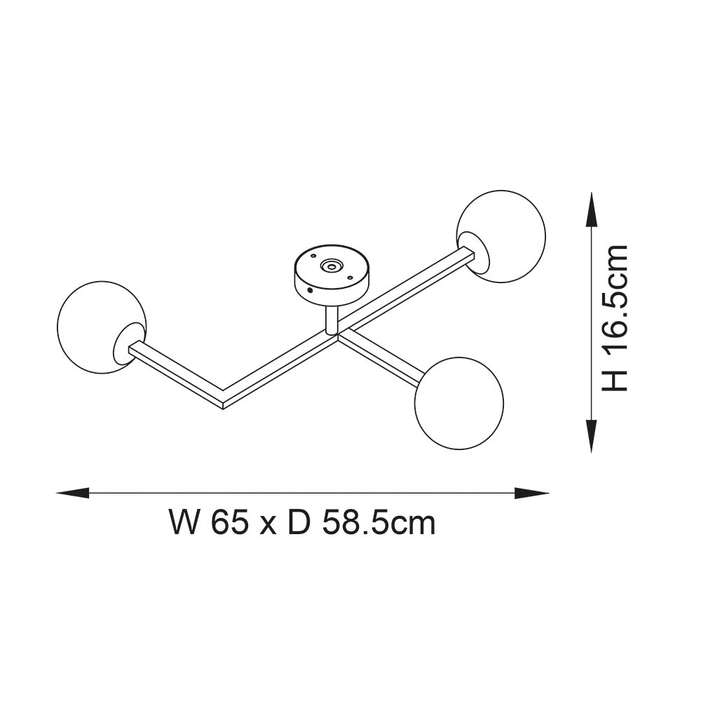 Endon Kelham 3 light semi-flush bathroom ceiling light dimension diagram showing 65cm width, 58.5cm depth and 16.5cm height on a white background.
