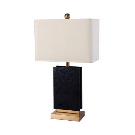 The Forma 1 Light Marble Table Lamp in white and black features a modern geometric design with a rectangular white shade, black textured base, and gold accents on the stem and bottom platform.