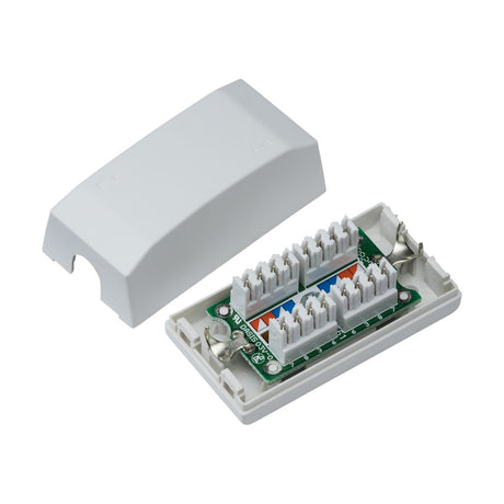 A UTP CAT6 Junction Box featuring a white plastic wall mount design with a removable cover. The box is open, displaying an internal circuit board tailored for UTP CAT6 connections, with clearly visible wiring slots and terminals.