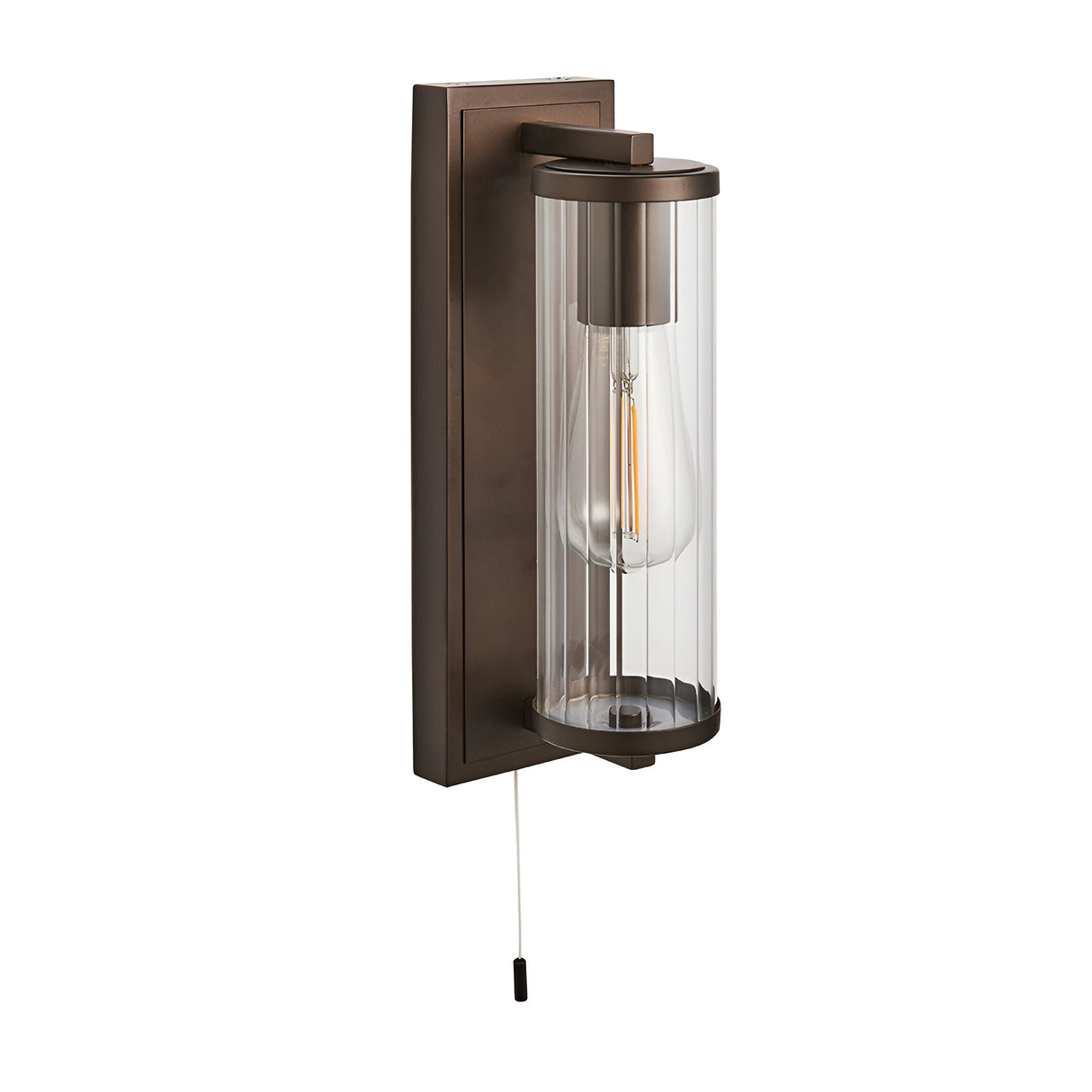 Cranfield Bathroom Wall Light in bronze with rectangular back plate, ribbed clear glass tube shade, visible bulb, and pull cord switch.
