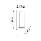 Technical line drawing of the bronze Cranfield Bathroom Wall Light with ribbed glass shade, pull switch, and dimensions H31.5cm x W10cm x D12.3cm.