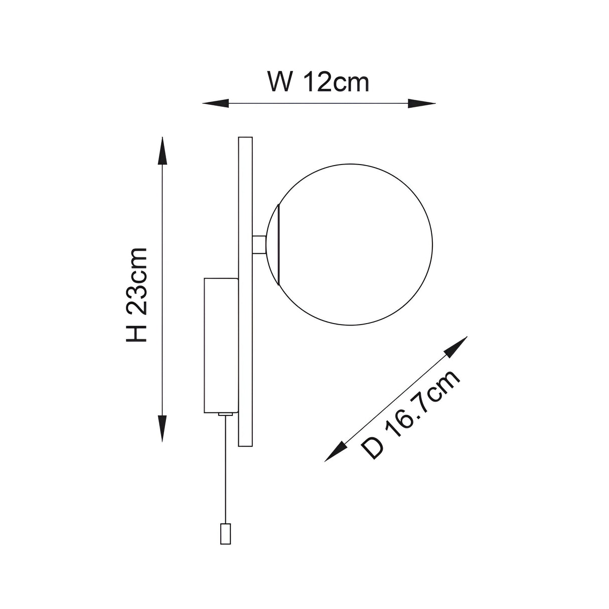 Dimension diagram of the Endon Kelham bathroom wall light showing 23cm height, 12cm width, and 16.7cm projection on a white background.