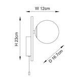 Technical line drawing of the black Kelham Bathroom Wall Light with round glass globe, rectangular back plate, pull cord, W12 x H23 x D16.7cm.