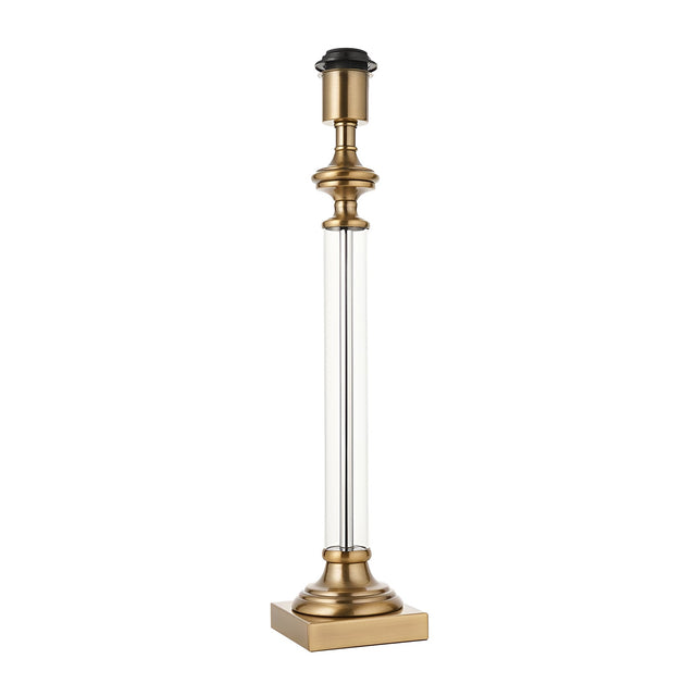 Endon Aldmont table lamp base with clear glass column and antique brass metalwork on a square footed base, shown against a plain white background.