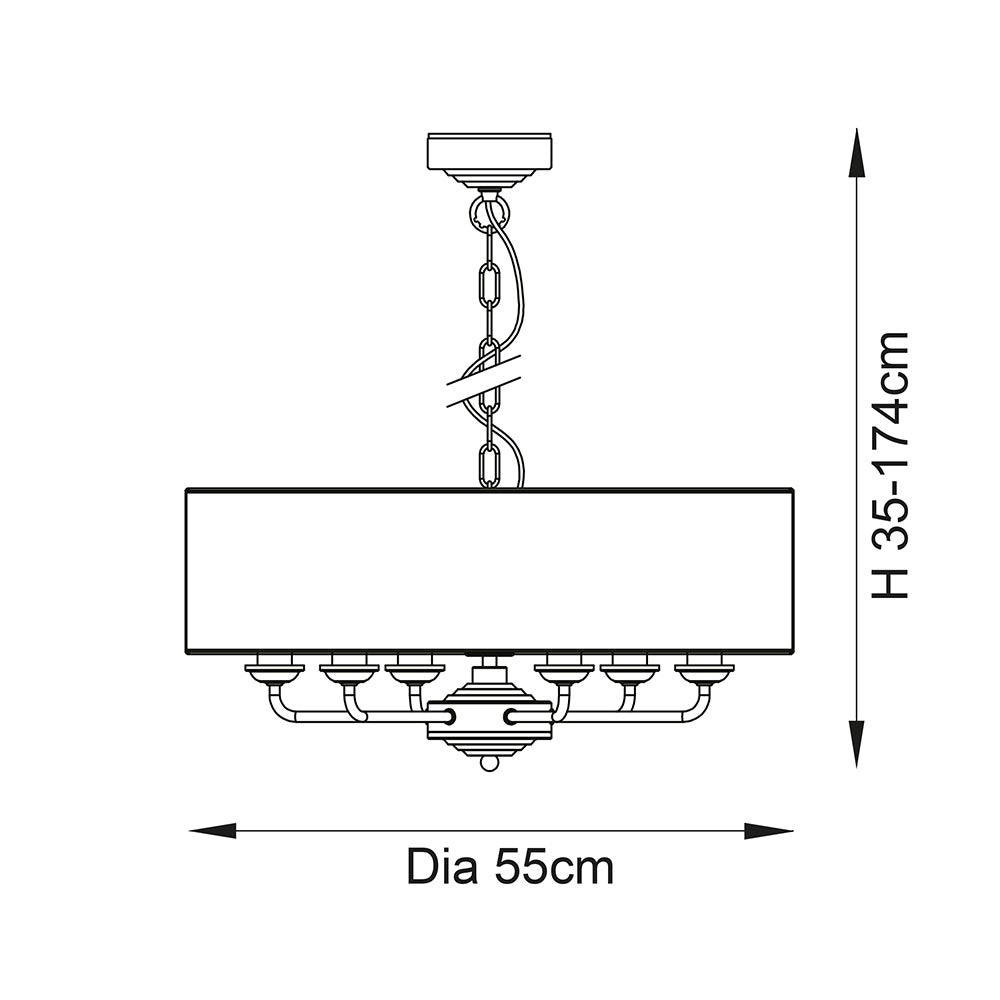 Technical line drawing of the Brenley 6 Light Pendant in white and chrome with a rectangular fabric shade, six fittings and chain suspension, Dia 55cm.