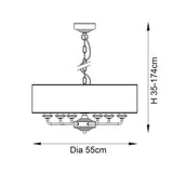 Technical line drawing of the Brenley 6 Light Pendant in white and chrome with a rectangular fabric shade, six fittings and chain suspension, Dia 55cm.