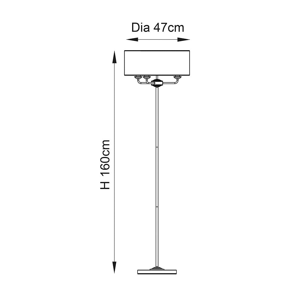 Technical line drawing of the Brenley 3 Light Floor Lamp in brushed chrome with a wide drum shade, slim stem and round base, H 160cm Dia 47cm.