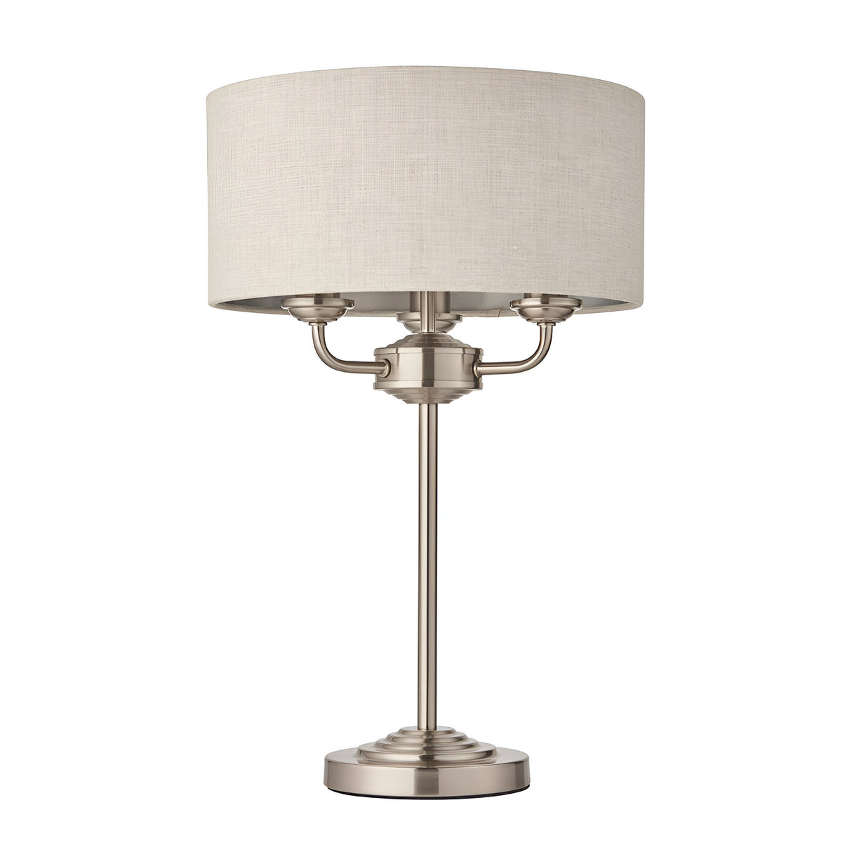 Endon Brenley 3 light table lamp with brushed chrome metalwork, slim stem, and natural linen drum shade, shown on a plain white background.