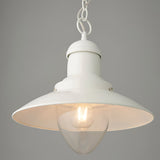 Endon Chartford cream gloss metal pendant light with flared shade, clear glass cover and exposed E27 bulb on white chain, against a grey background.