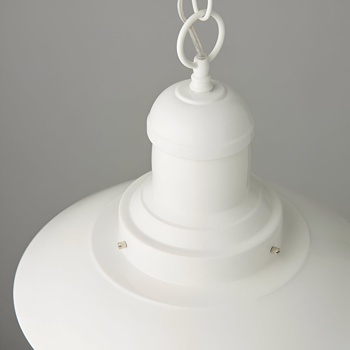 Endon Chartford cream gloss pendant light close-up showing domed metal top, tiered shade fitting and white chain suspension on light grey background.