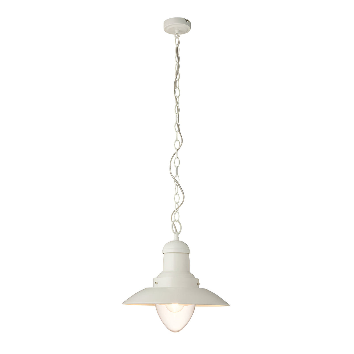 Endon Chartford cream gloss metal pendant light with fisherman-style shade, clear glass cover and chain suspension on a white background.