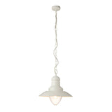 Endon Chartford cream gloss metal pendant light with fisherman-style shade, clear glass cover and chain suspension on a white background.