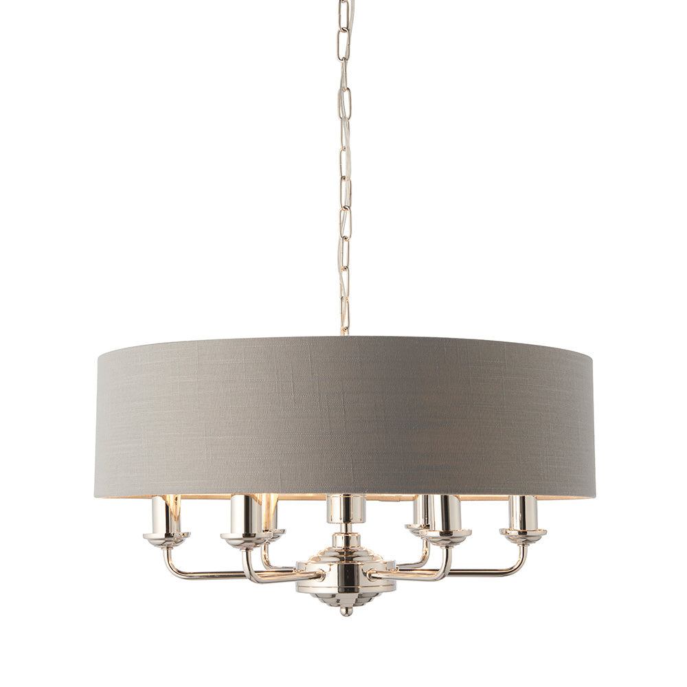 Endon Brenley V2 6 light pendant in nickel with a large charcoal grey linen drum shade and chrome chain suspension, on a plain white background.