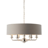 Endon Brenley V2 6 light pendant in nickel with a large charcoal grey linen drum shade and chrome chain suspension, on a plain white background.