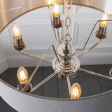 Close-up of the Endon Brenley V2 6 Light Pendant showing the nickel and chrome frame, six E14 candle bulbs, and charcoal linen shade interior.