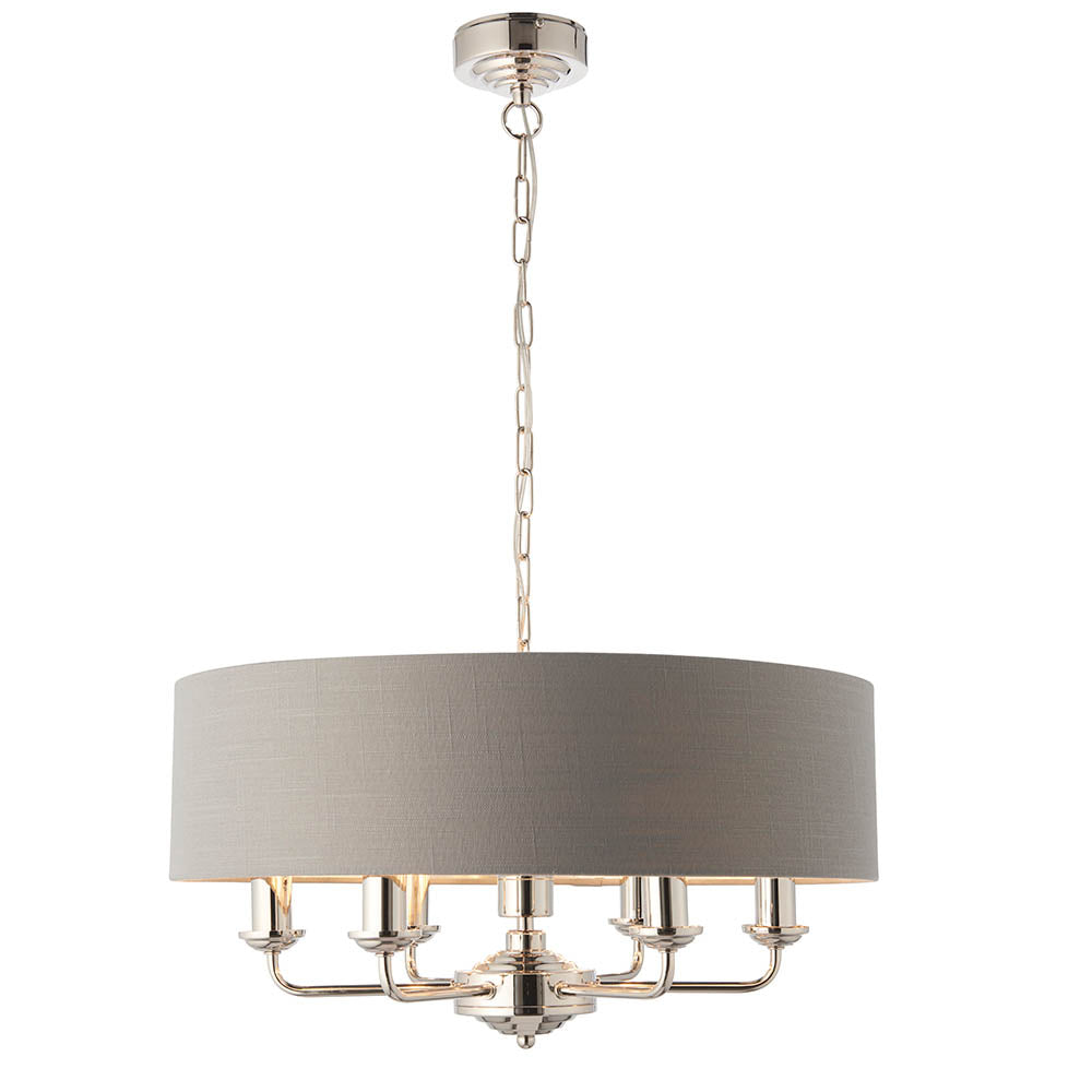 Endon Brenley V2 6 light pendant in nickel and chrome with a large grey linen drum shade suspended on a chain, shown on a white background.