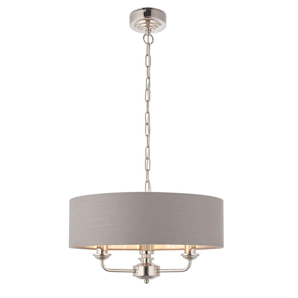 Endon Brenley V1 3 light pendant with grey linen drum shade, nickel arms and chain suspension, shown on a plain white background.