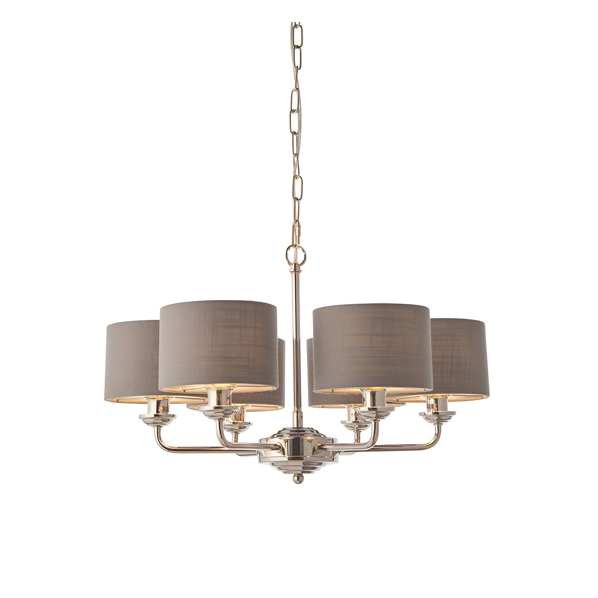 Endon Brenley V3 six-light pendant in nickel and chrome with grey linen drum shades on a chain suspension, shown on a plain white background.
