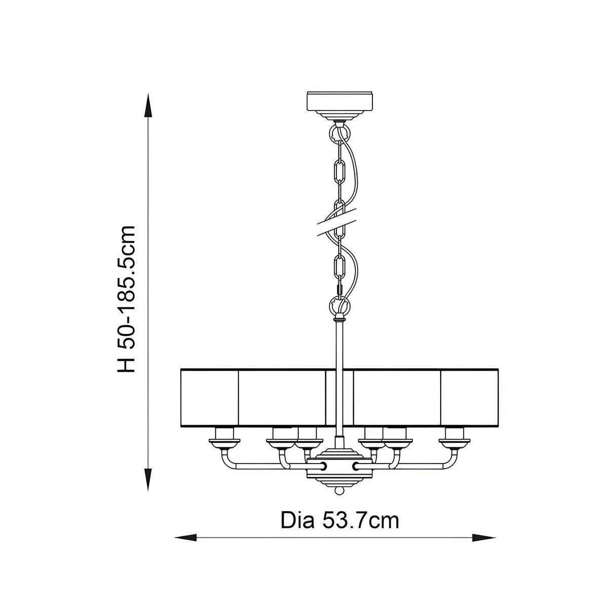 Technical line drawing of the Endon Brenley V3 6 Light Pendant showing a 53.7cm diameter and adjustable height of 50–185.5cm.
