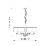 Technical line drawing of the Endon Brenley V3 6 Light Pendant showing a 53.7cm diameter and adjustable height of 50–185.5cm.
